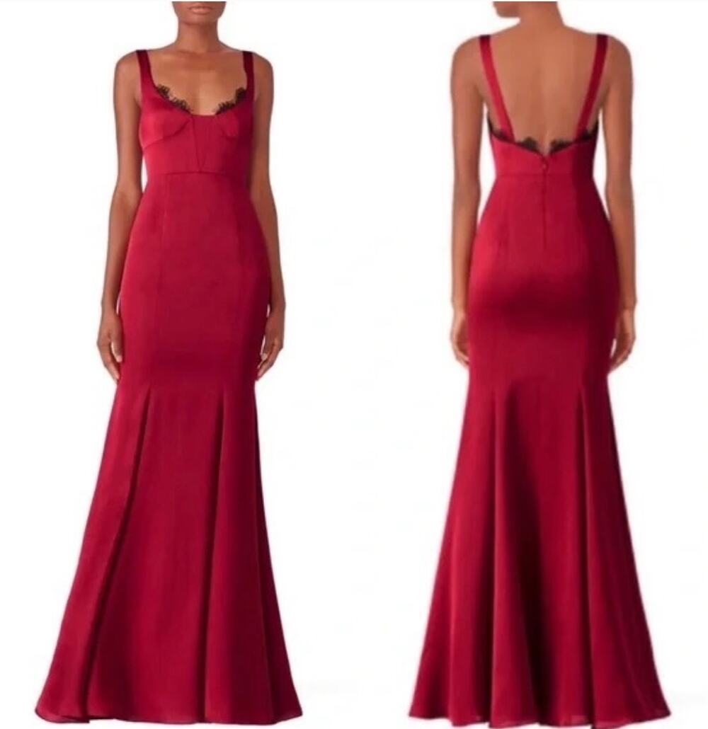 FAME AND PARTNERS Ara Satin Mermaid Gown Dress Lace Trim Burgundy Size 14